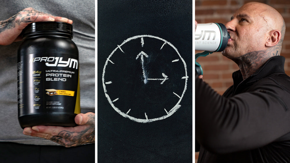 Triptych header for "3 Ways to Grow the Most Muscle with Protein Powder": hands holding Pro JYM, clock sketch, man with shaker.