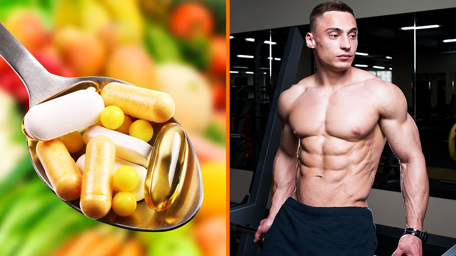Split graphic for 5 Best Fat Loss Supplements: metal spoon holding yellow and white pills beside a ripped man flexing abs in a gym.