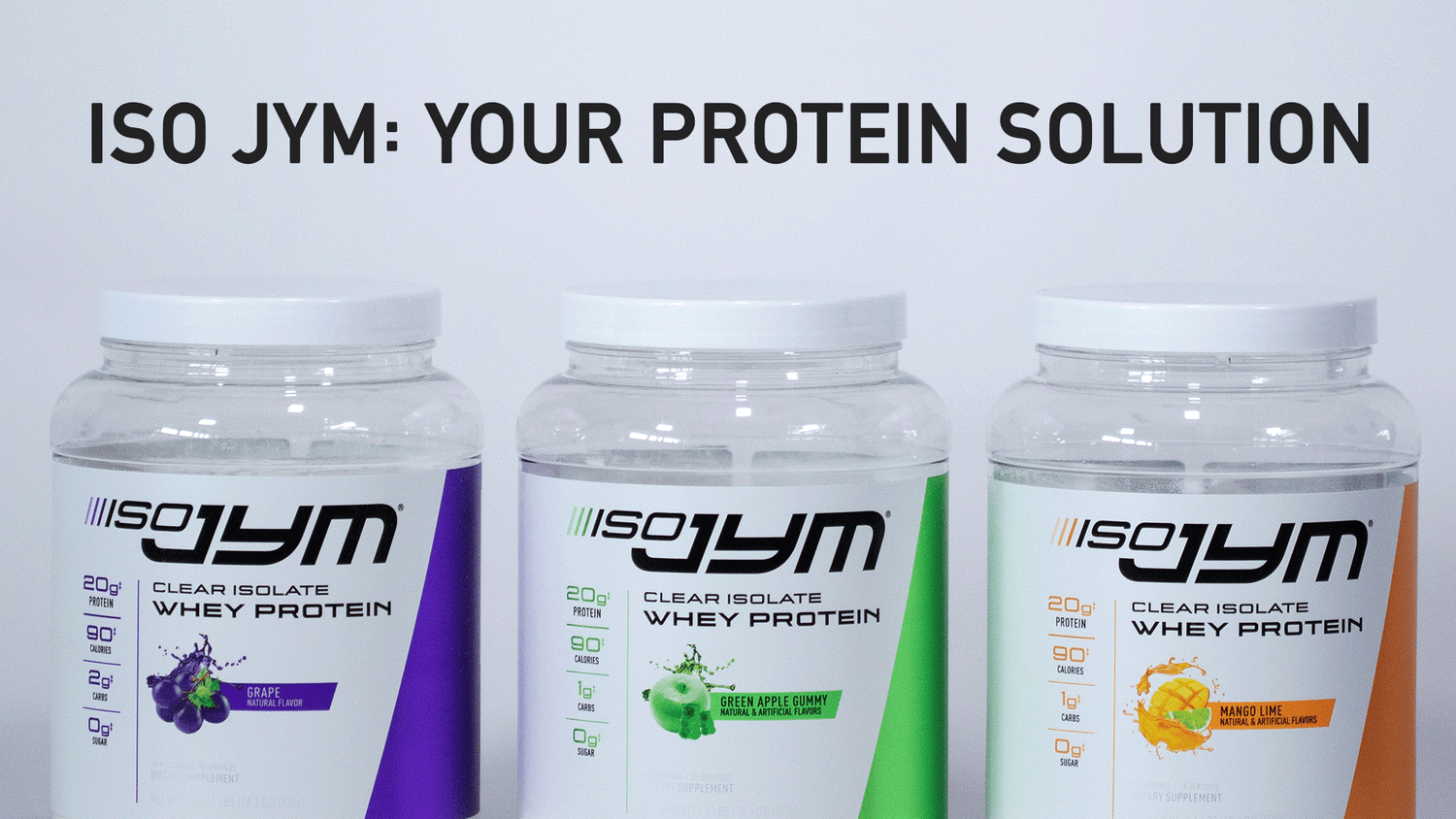 Iso JYM: Your Protein Solution title above three clear protein tubs with purple Grape, green Apple Gummy, and orange Mango Lime labels.