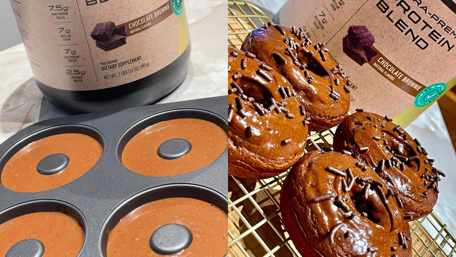 JYM Chocolate Protein Donuts: Pro JYM Chocolate Brownie tub with batter-filled donut pan and frosted sprinkle donuts on wire rack.