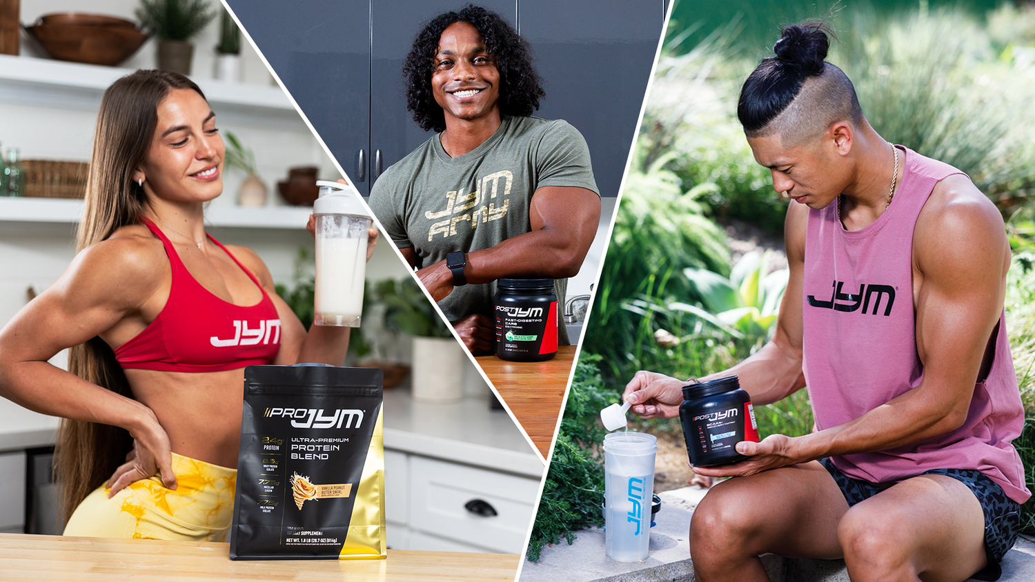 Triptych showing woman with Pro JYM pouch and shaker, man beside Post JYM carbs tub, and man scooping Post JYM BCAAs outdoors.