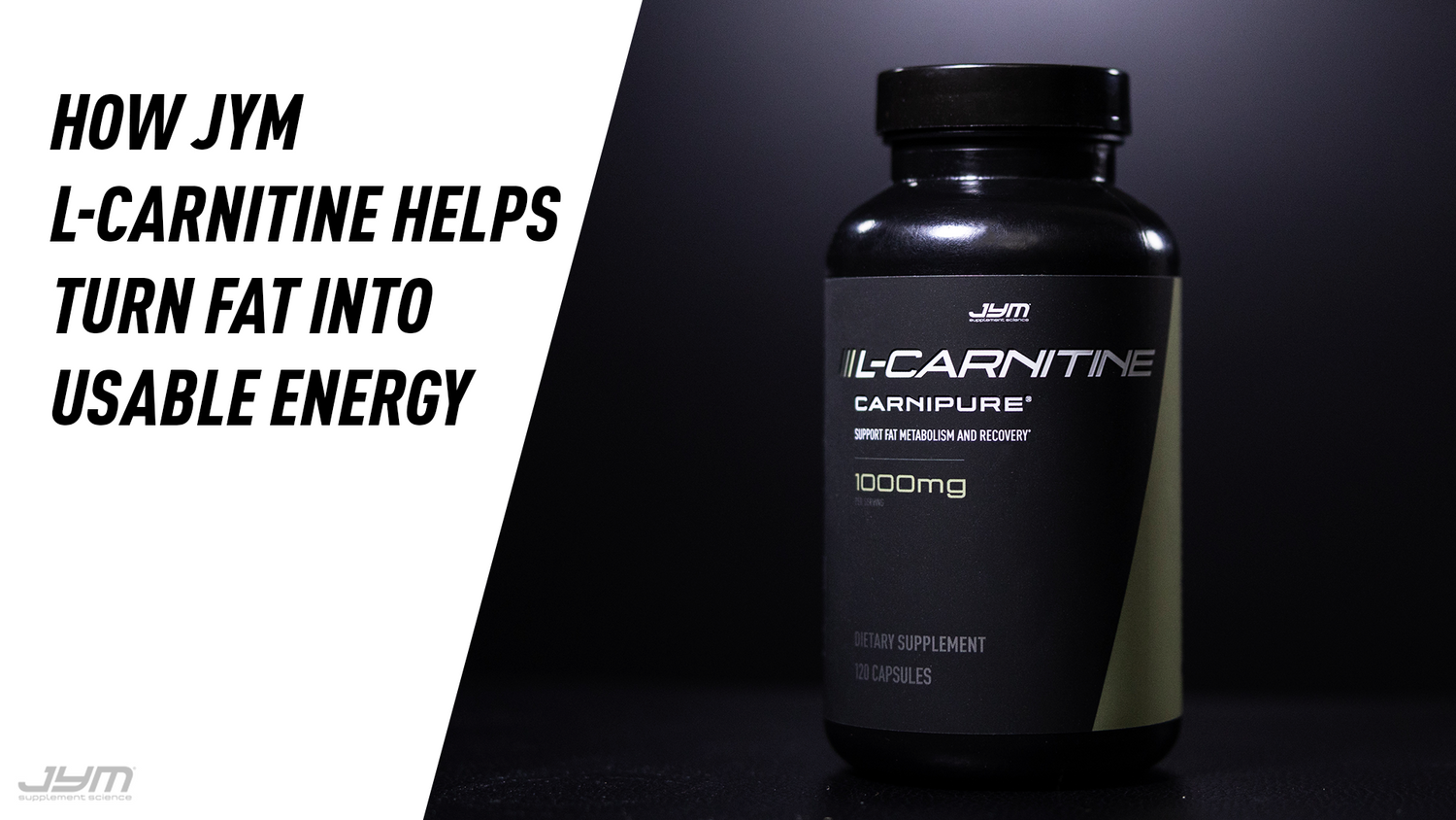 Black JYM L-Carnitine Carnipure 1000mg bottle of 120 capsules beside article title on how it turns fat into energy.