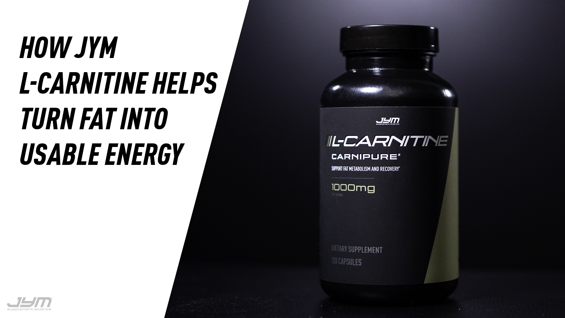 Black JYM L-Carnitine Carnipure 1000mg bottle of 120 capsules beside article title on how it turns fat into energy.