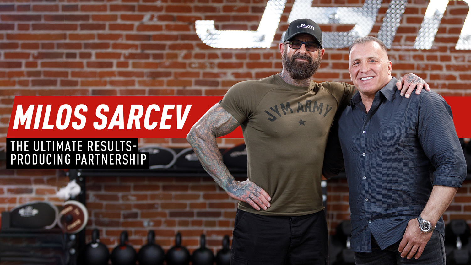 Jim Stoppani and Milos Sarcev smiling side by side in gym, text reads Milos Sarcev The Ultimate Results-Producing Partnership.