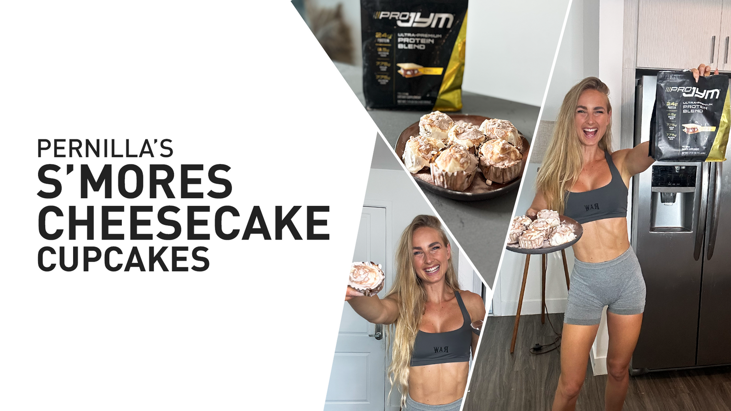 Pernilla smiling in kitchen holding a cupcake and tray of S'mores Cheesecake Cupcakes beside a Pro JYM protein bag.