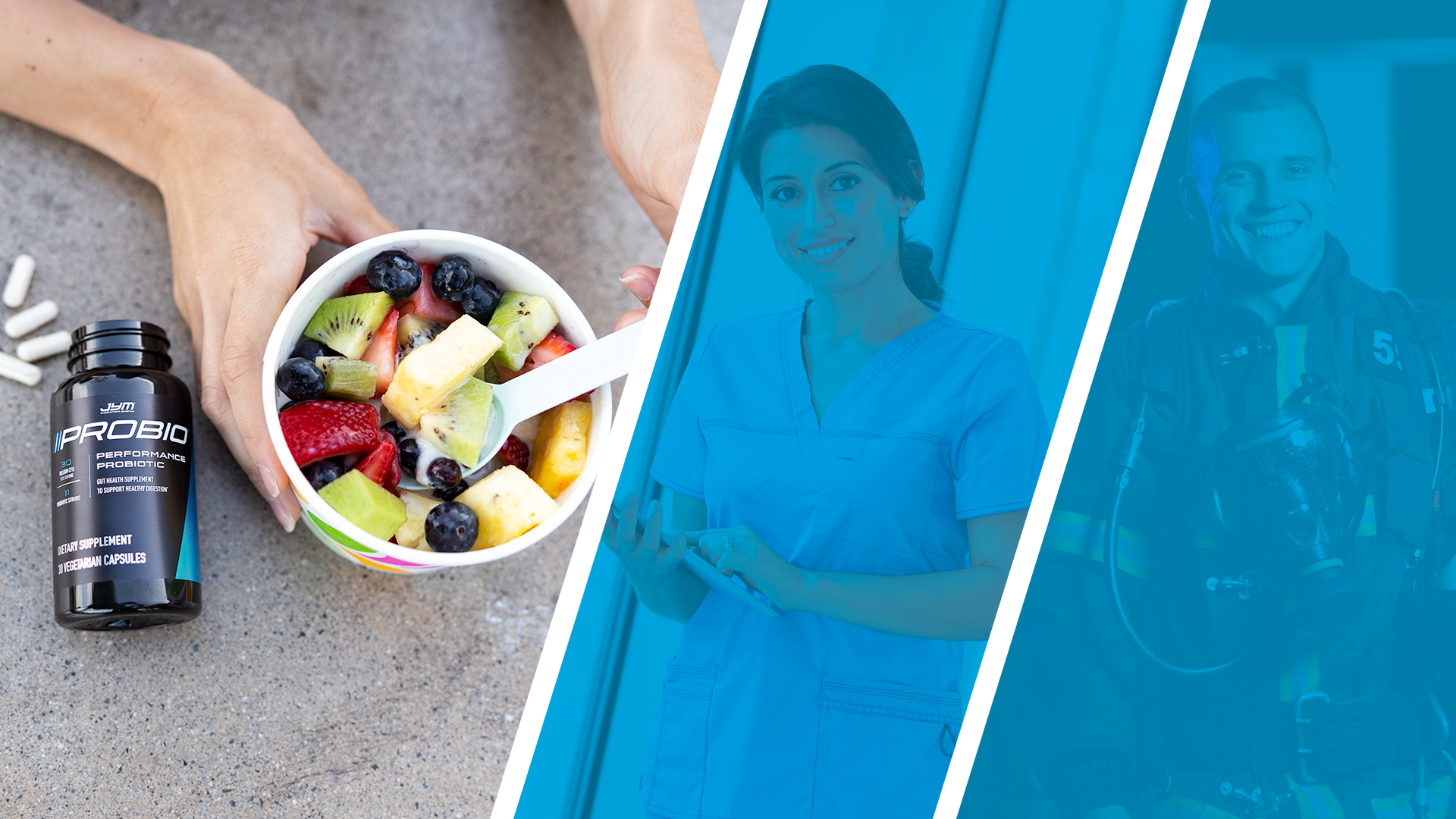 Probio JYM bottle with spilled capsules and fruit salad, paired with blue overlays of shift workers, Staying Up Late Hurts Gut Health.