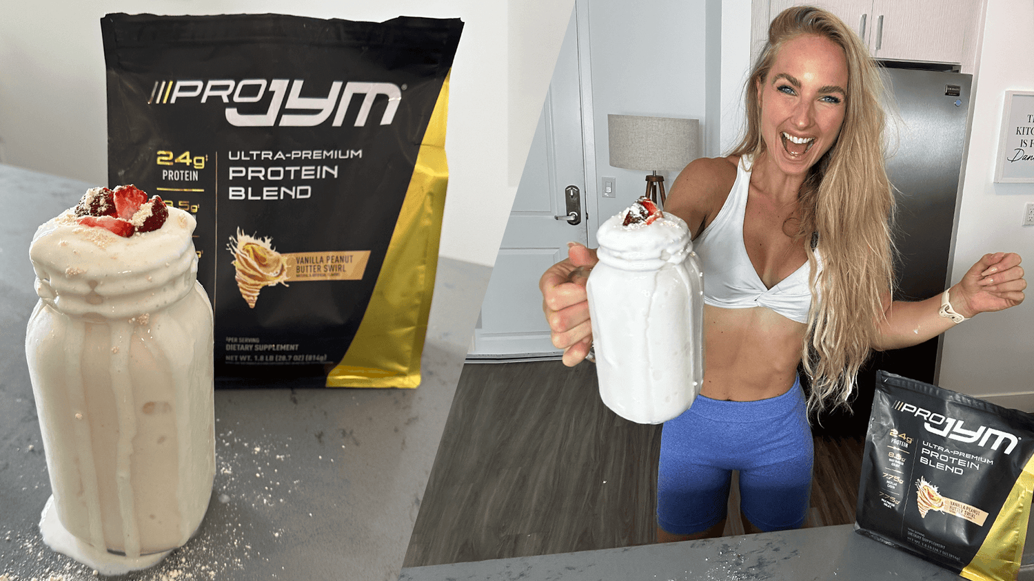 Vanilla Peanut Butter Pro JYM Ice Cream: overflowing mason jar with berries next to bag, blonde woman cheering with jar in kitchen.