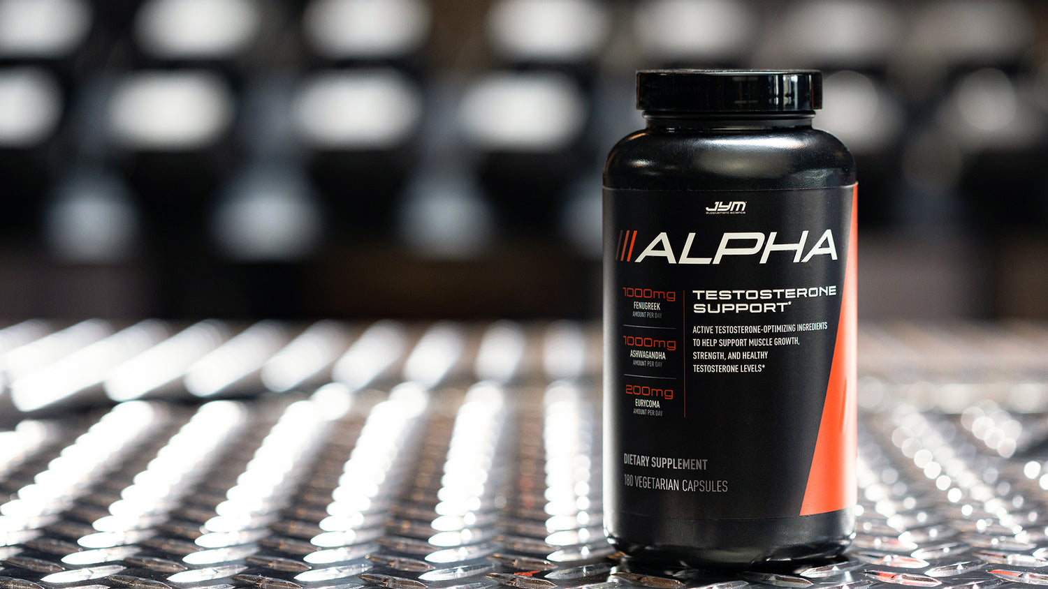 Alpha JYM bottle front label showing 1000mg fenugreek, 1000mg ashwagandha, and 200mg eurycoma, 180 vegetarian capsules.