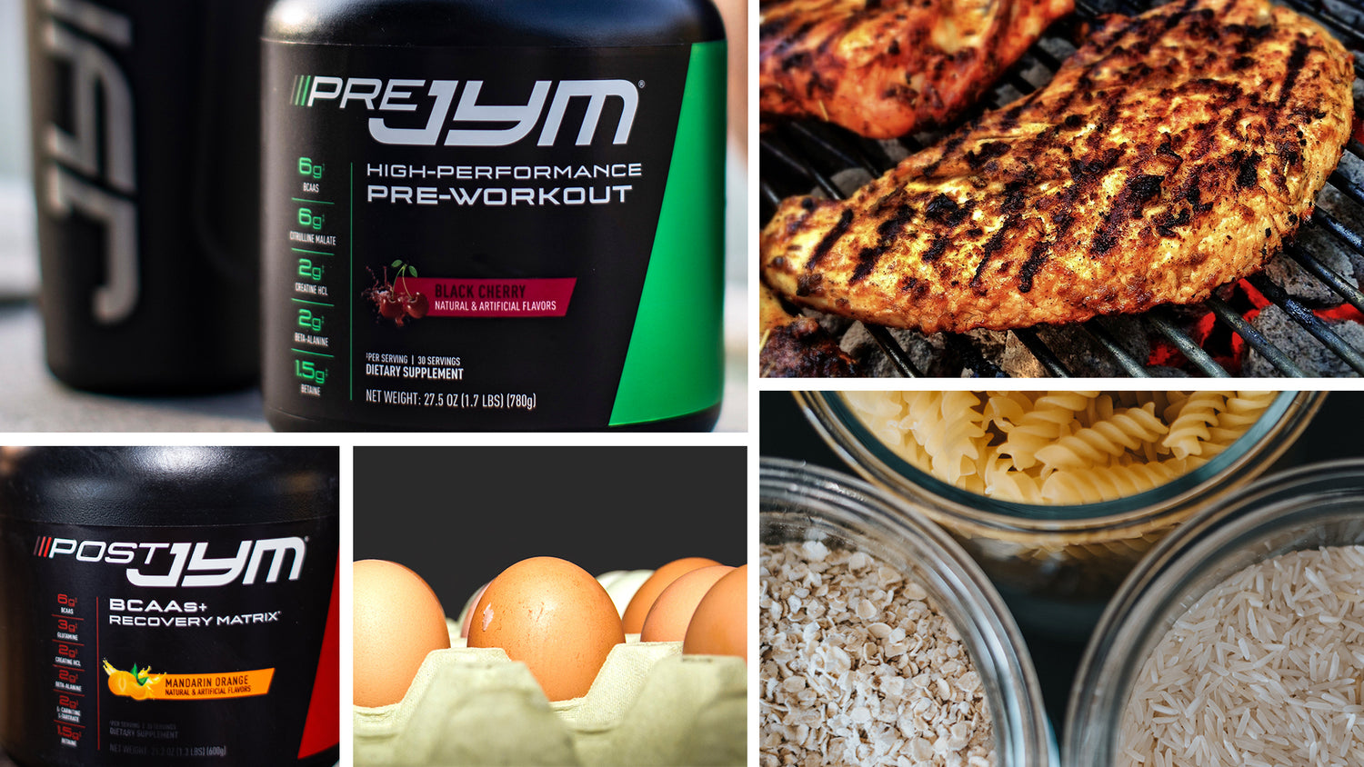 Amino Acids From Supplements vs. Whole Foods: JYM pre- and post-workout tubs paired with chicken, eggs, and grains.