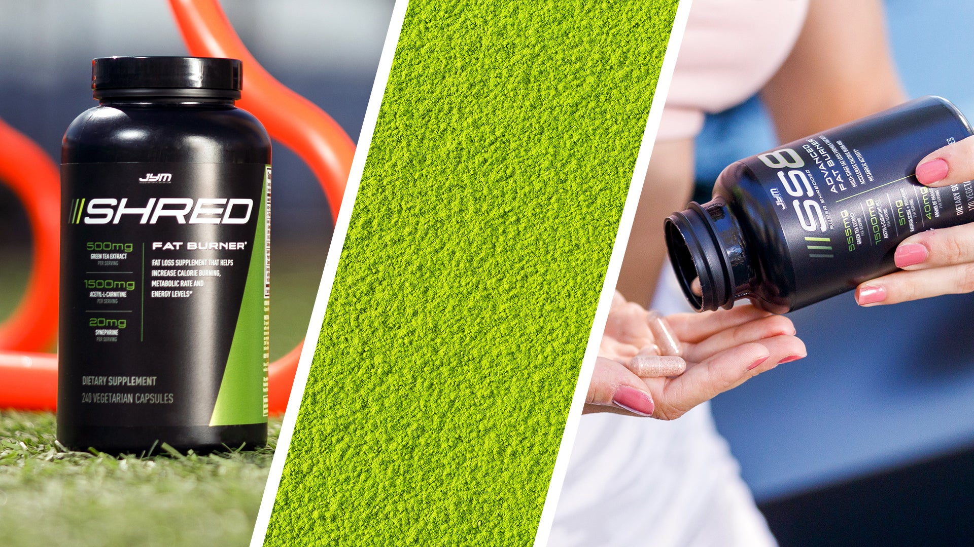 Three-panel EGCG article graphic: Shred bottle on grass, diagonal band of green tea powder, SS8 capsules in a woman's palm.