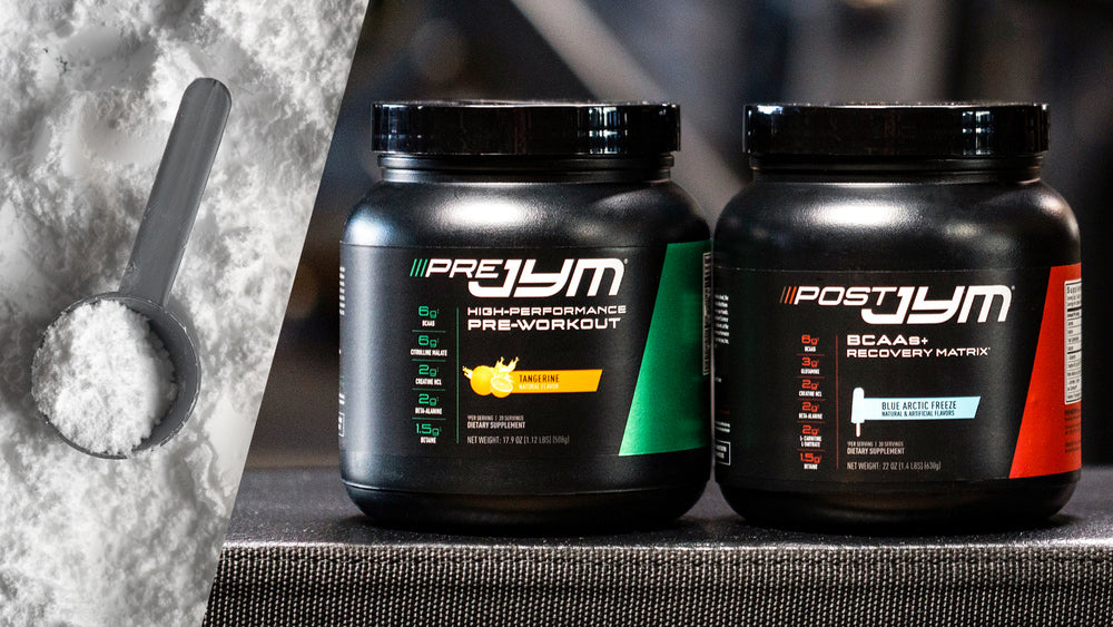 Pre JYM Tangerine and Post JYM Blue Arctic Freeze tubs beside a scoop of white creatine powder for article on creatine types.