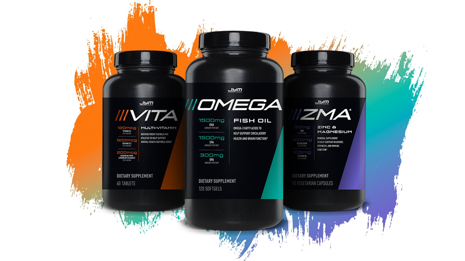 Front labels of Vita JYM 60 tablets, Omega JYM 120 softgels, and ZMA JYM 90 capsules for The Ultimate Support Stack.