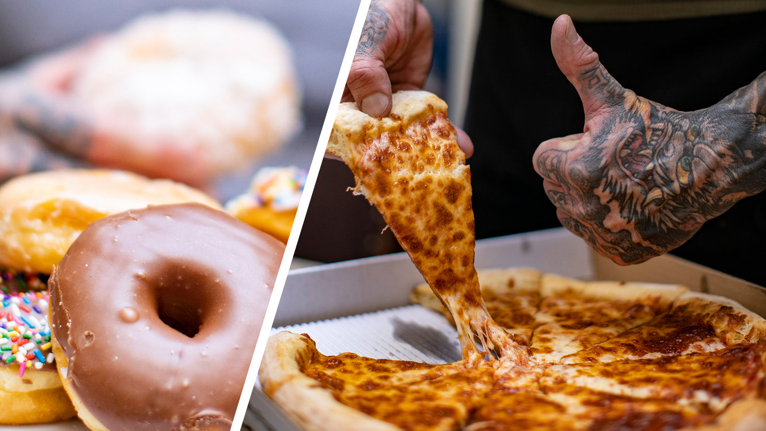 Chocolate-glazed donut in foreground and tattooed hand giving thumbs-up over pizza, for Eat what you LOVE and still get RIPPED.