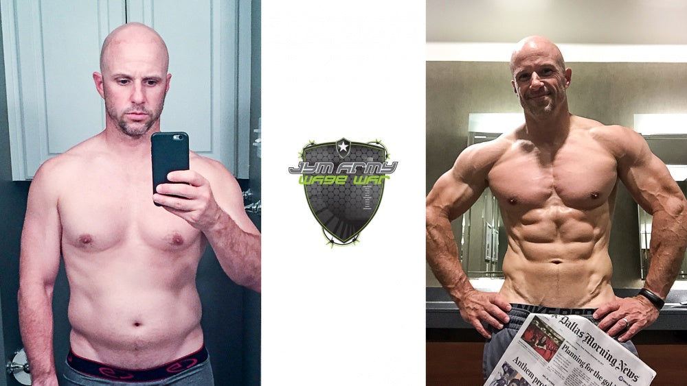 J Carrell's transformation for From Injury to Fitness Success: softer physique selfie on left, shredded posed torso on right, JYM Army emblem.
