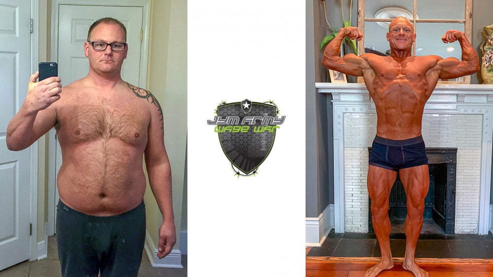 David Dear, Jr. side-by-side: shirtless mirror selfie with glasses left, bronzed front double-biceps pose right, JYM Army Wage War emblem between.