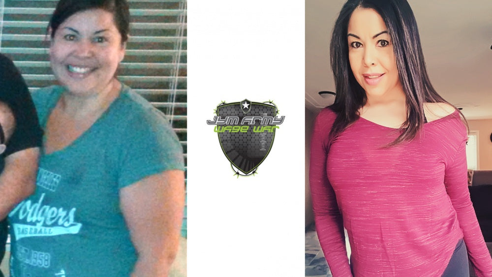 Before and after comparison for Transforming My Life Through Fitness and JYM Supplements, with JYM Army Wage War shield between.