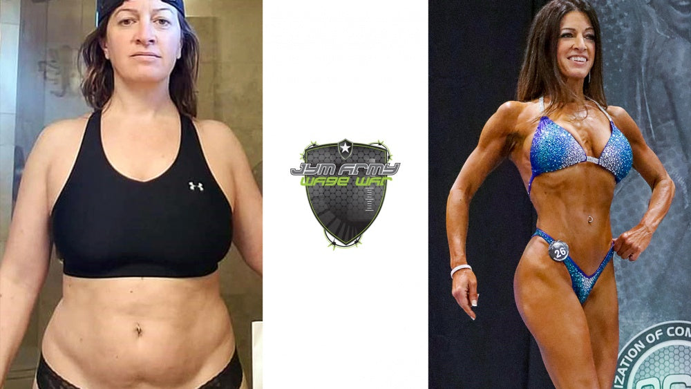 Cheryl Thompson side-by-side: home selfie in black sports bra and athletic stage pose in blue crystal bikini with number 26.