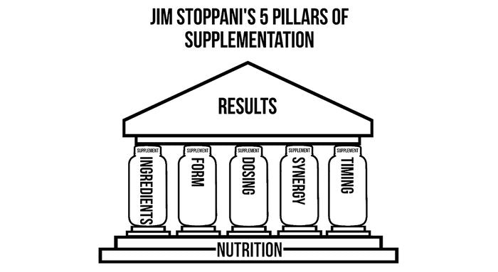 Black-and-white temple illustration for The 5 Pillars of Supplementation with bottle-shaped pillars labeled Ingredients, Form, Dosing, Synergy, Timing.