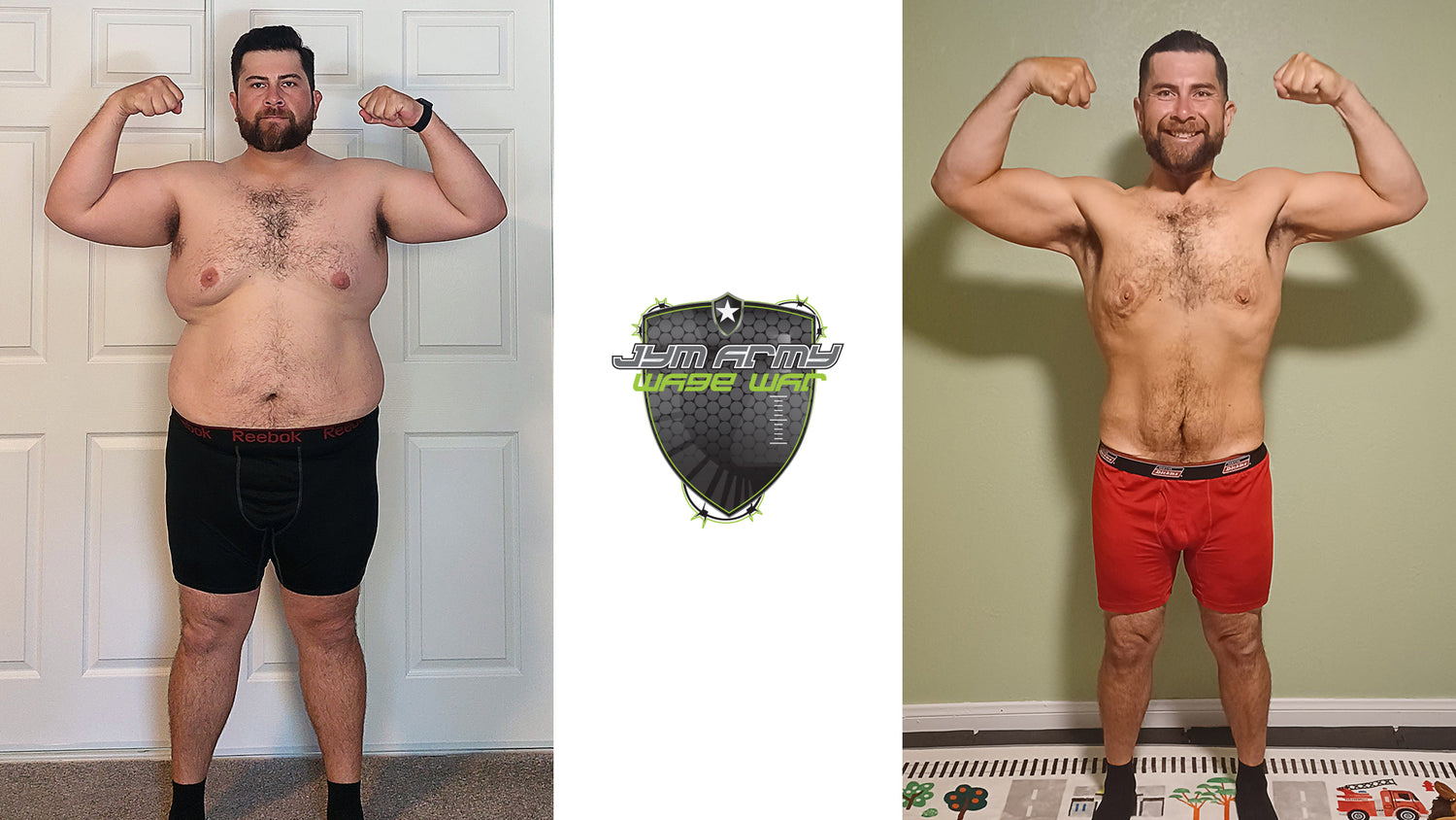 David Valdovinos transformation front biceps pose, heavier frame at left against white door, leaner physique at right by green wall.