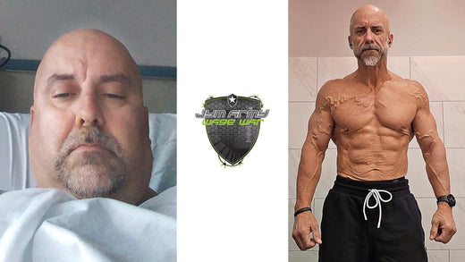 Joe Brooks before and after: bedridden hospital selfie beside shirtless muscular physique photo with JYM Army Wade War logo.