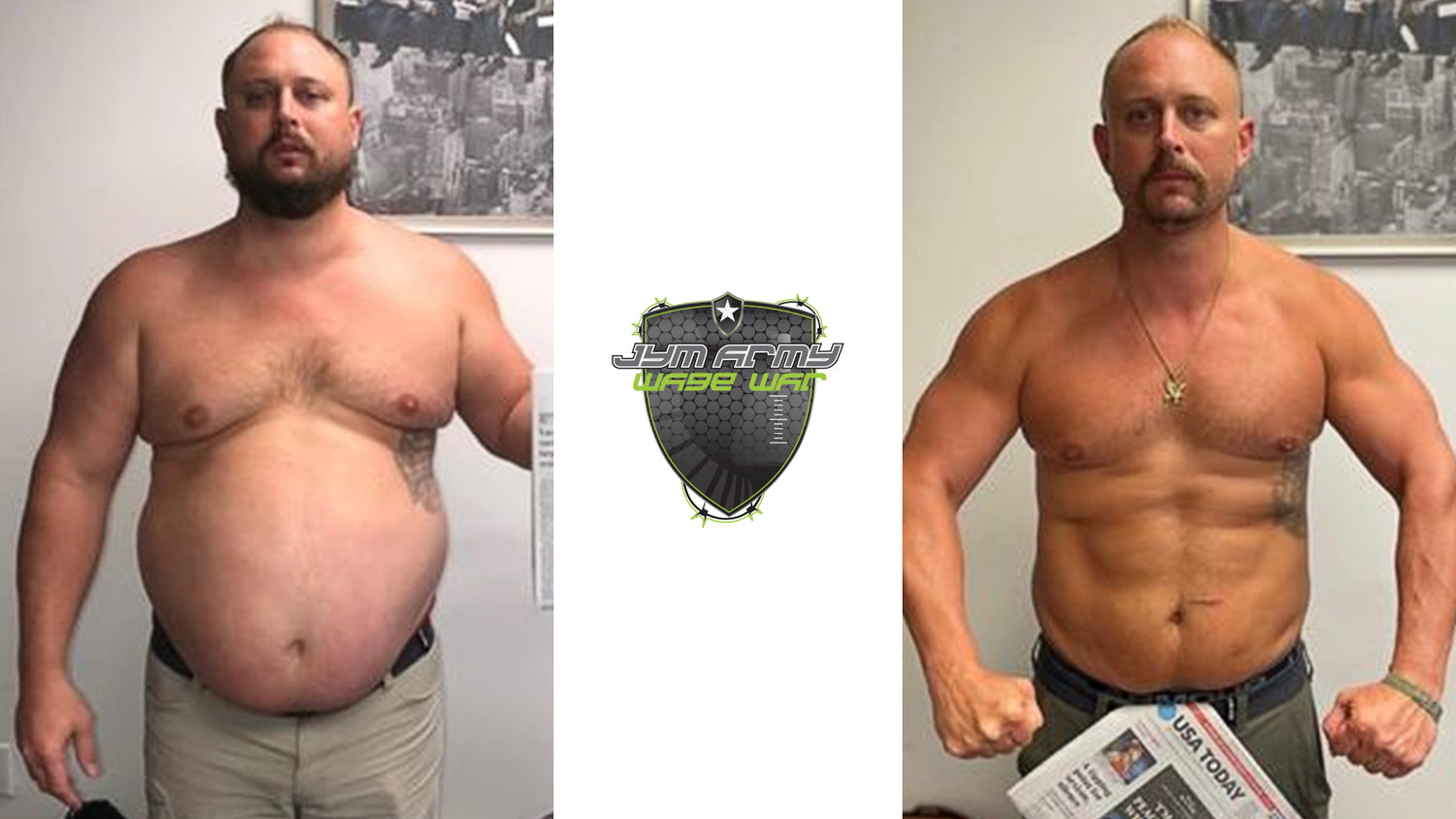 Kyle Clayton's before and after transformation photos shown side by side with JYM Army Wage War shield logo in the center.
