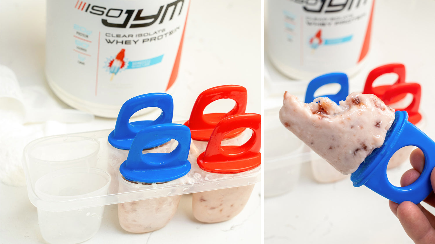 Iso JYM Clear Isolate Whey Protein tub behind red and blue popsicle molds and a bitten strawberry Bombsicle Protein Popsicle.