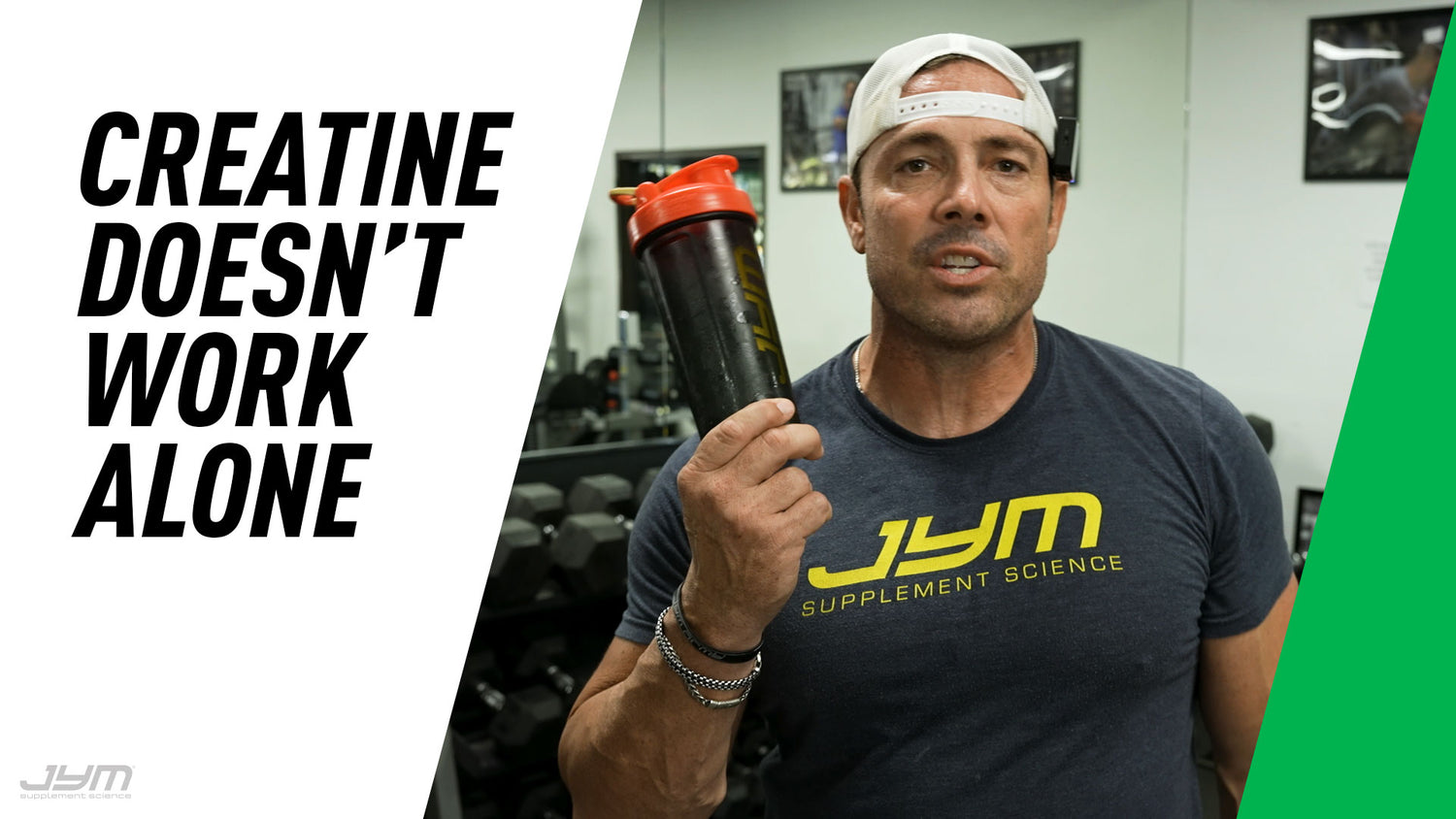 Jim Stoppani in navy JYM shirt raises black shaker with orange lid near title "Creatine Doesn't Work Alone" in gym setting.