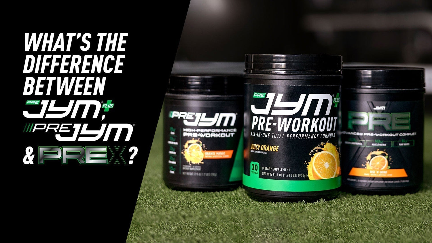 Pre JYM Plus, Pre JYM, and Pre JYM X tubs lined up on turf with bold article title graphic on left panel.