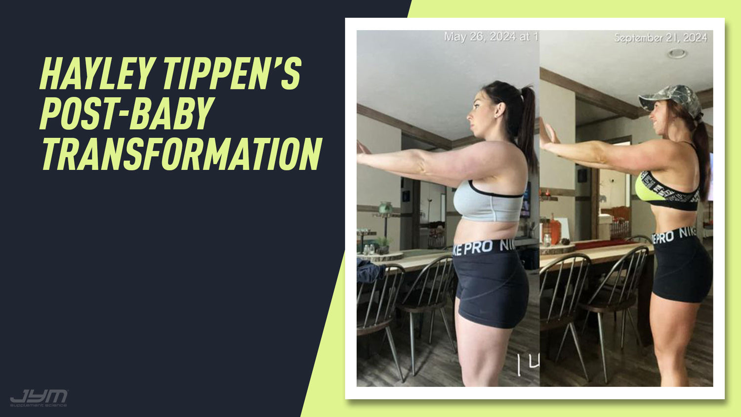 Hayley Tippen's post-baby transformation cover graphic with side-by-side May and September 2024 side profile progress photos.