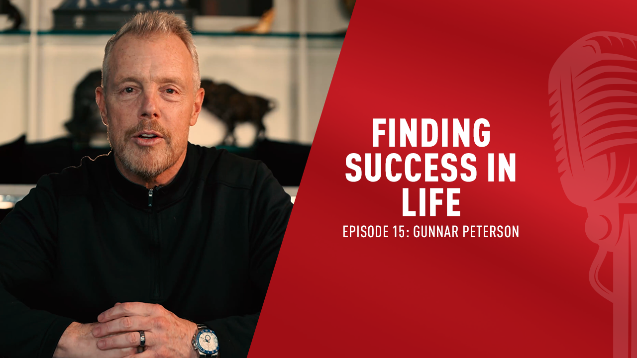 Gunnar Peterson in a black jacket speaking to camera next to red podcast graphic for Finding Success in Life, Episode 15.