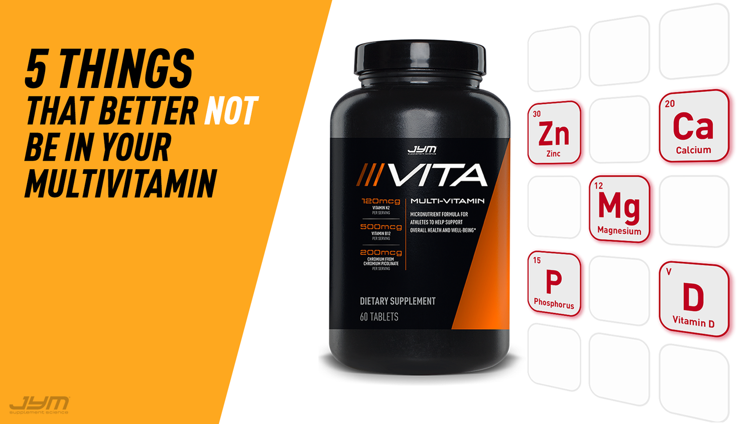 Black Vita JYM multivitamin bottle next to Zn, Ca, Mg, P, D periodic tiles; article header "The Problem With Most Multivitamins".