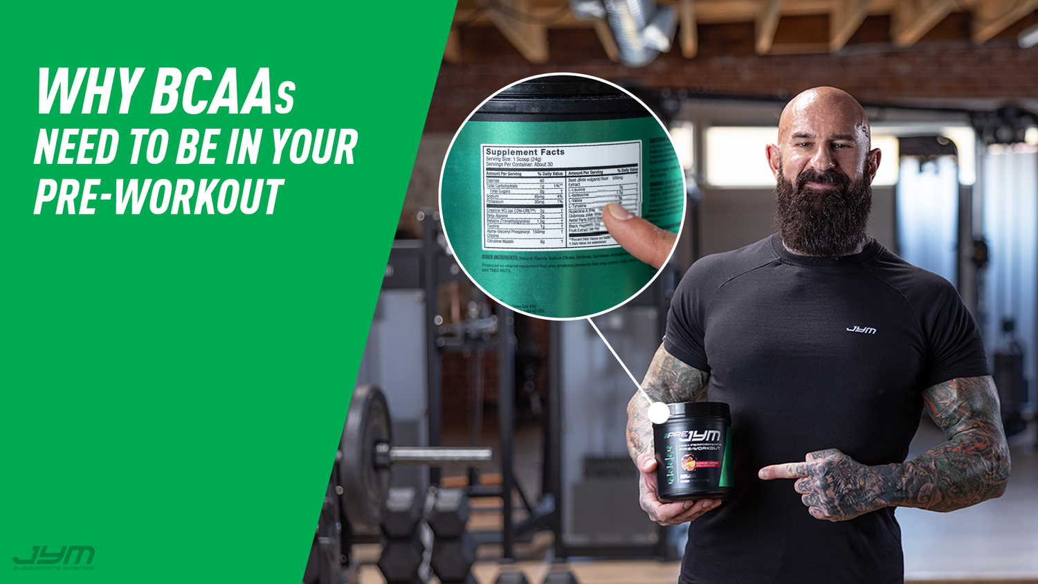 Bearded athlete in gym holding Pre JYM tub beside magnified Supplement Facts label for "Why BCAAs Need To Be In Your Pre-Workout".