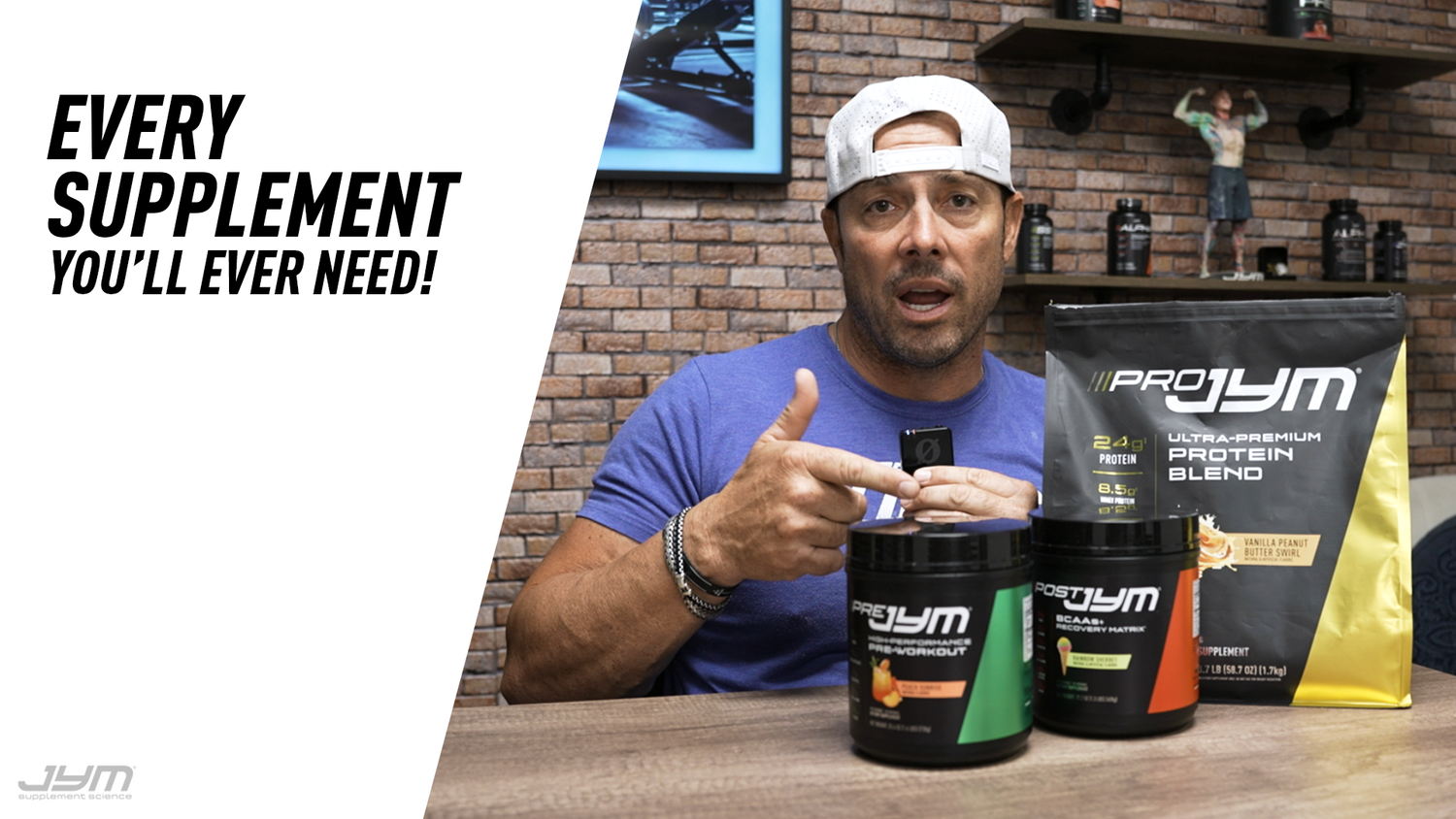 Jim Stoppani in home gym with brick wall, displaying Pre JYM, Post JYM, and Pro JYM protein for Every Supplement You'll Ever Need.