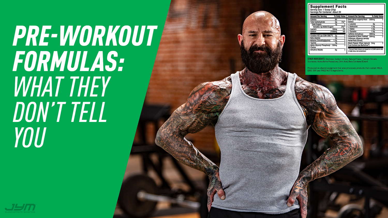 Muscular tattooed man in white tank top stands in gym; Supplement Facts panel top-right, green banner reads "Pre-Workout Formulas".