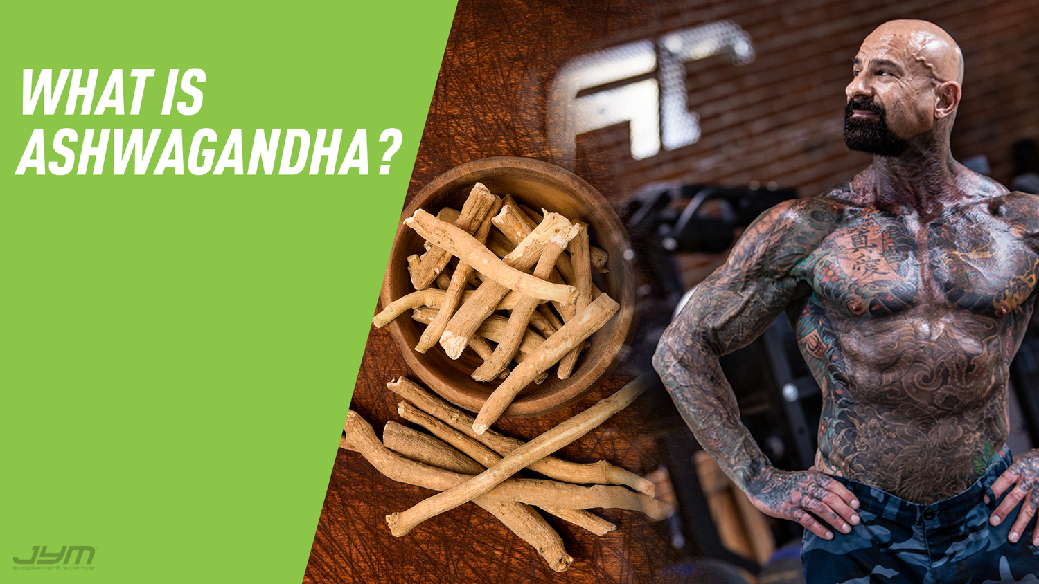 "What Is Ashwagandha?" title beside a wooden bowl of ashwagandha roots and tattooed Dr. Jim Stoppani posing in a gym.
