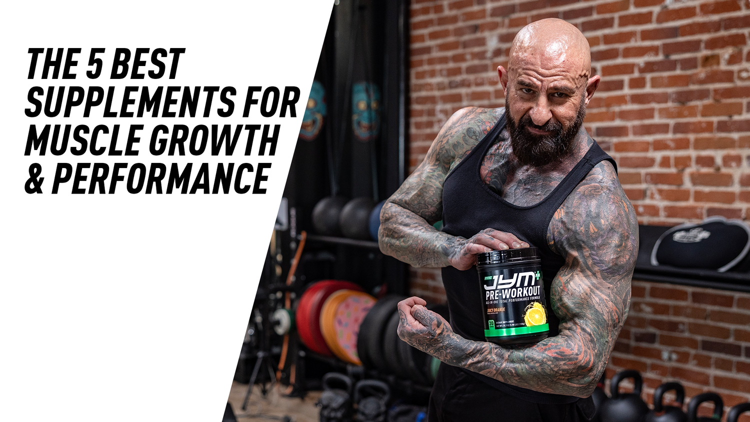 Muscular man with sleeve tattoos grips Pre JYM Juicy Orange tub near kettlebells and plates; The 5 Best Supplements title at left.