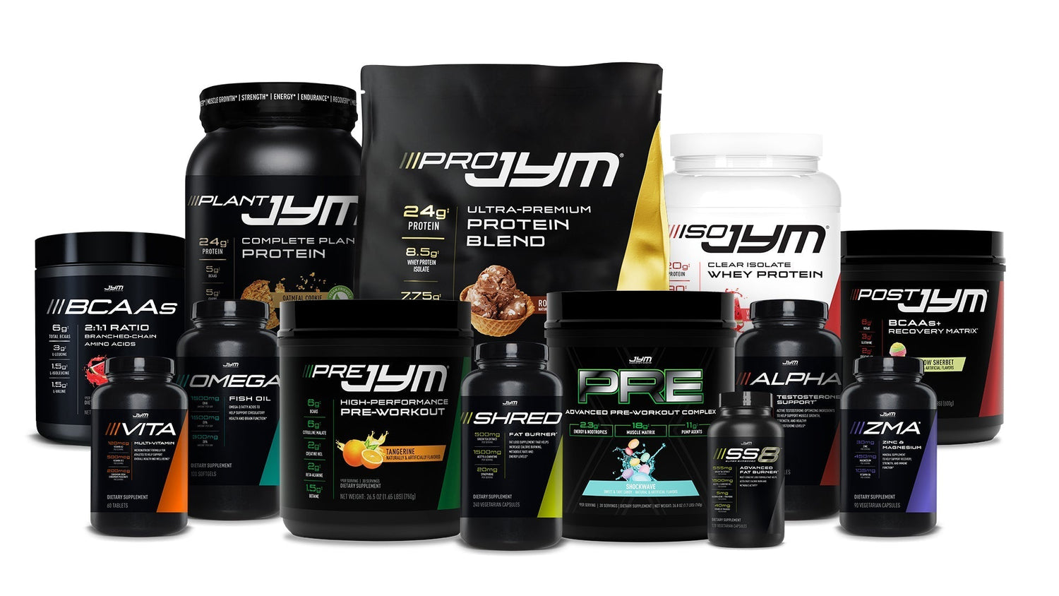 JYM Supplement Users Guide showing the complete product family arranged together with tubs, bottles, and a Pro JYM protein pouch at center.