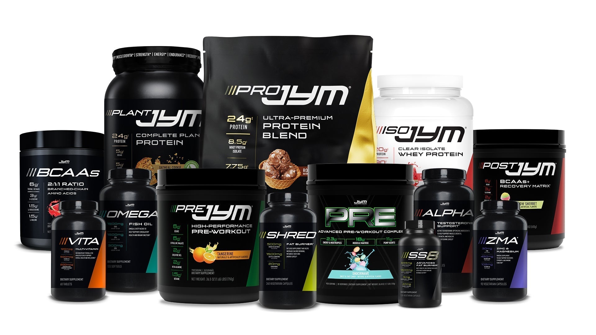 JYM Supplement Users Guide showing the complete product family arranged together with tubs, bottles, and a Pro JYM protein pouch at center.