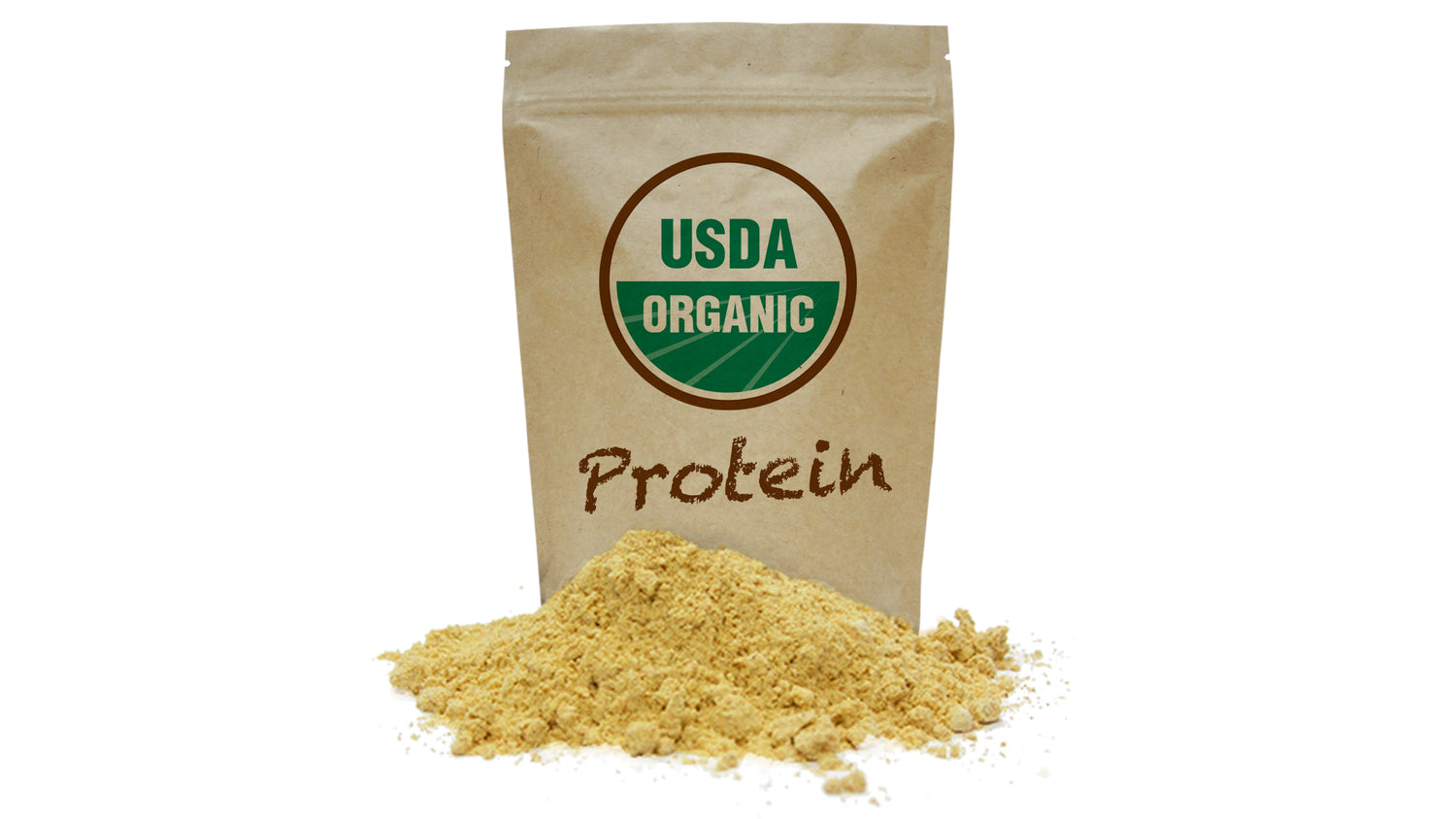 Kraft paper pouch with USDA Organic circular seal and handwritten Protein text, heap of tan powder at base, Organic Whey Protein article.