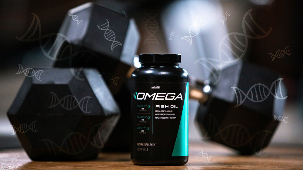 JYM Omega Fish Oil bottle on wooden surface with stacked hexagonal dumbbells behind and faint DNA helix pattern in background.