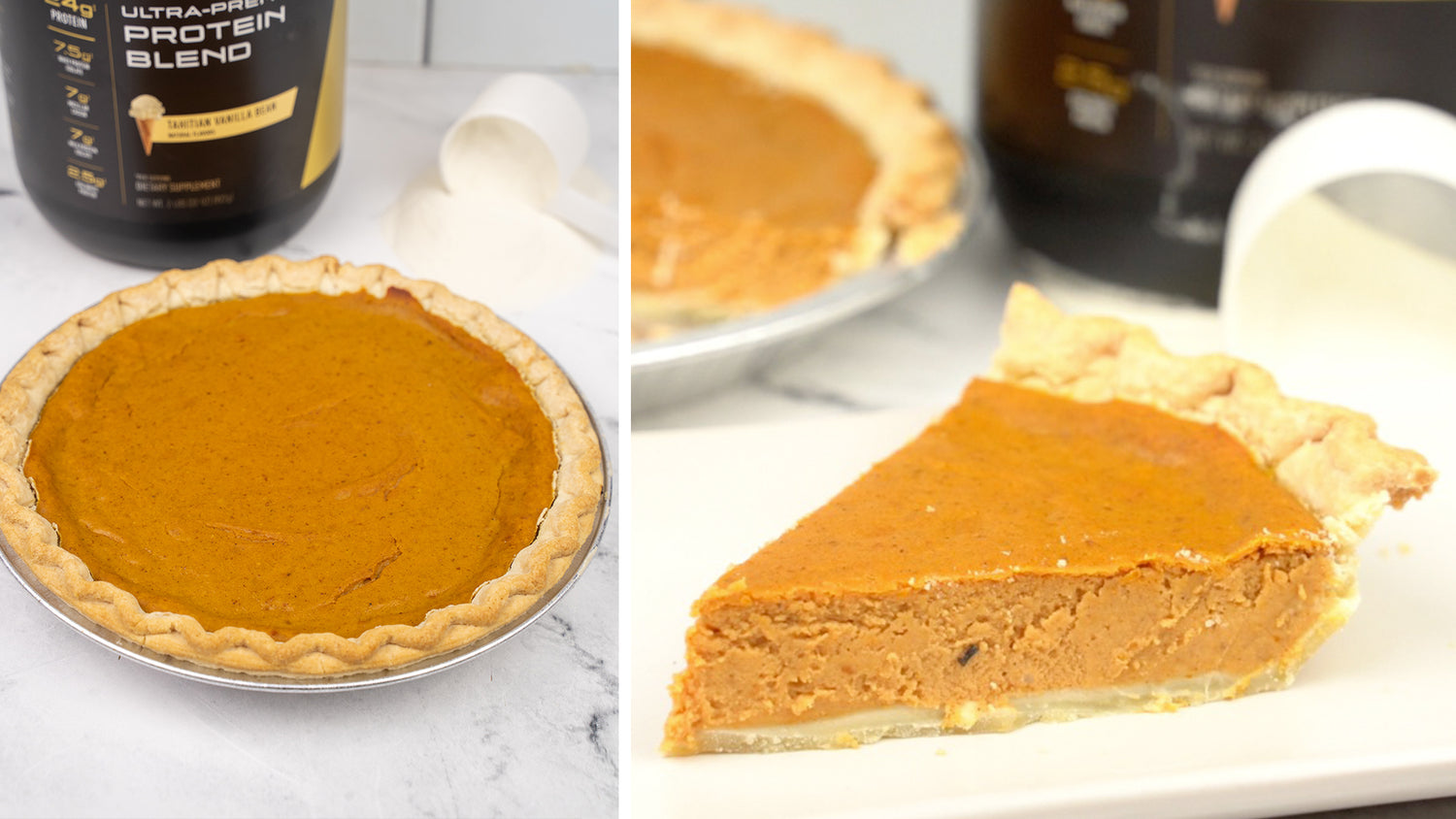 Whole Protein Pumpkin Pie beside Tahitian Vanilla Pro JYM tub, with a cut slice showing dense orange filling and flaky crust.