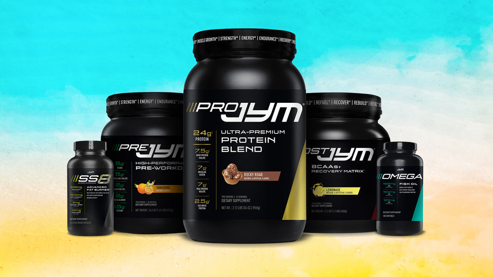 Summer Shred Stack Users Guide: Pro JYM protein center stage flanked by SS8, Pre JYM, Post JYM, and Omega JYM bottles.