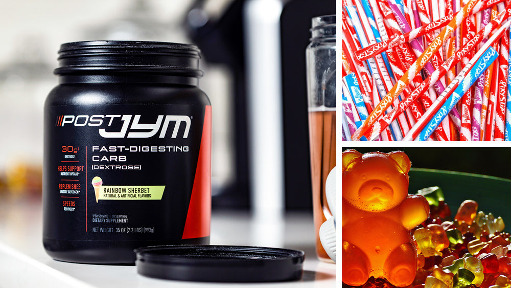 Post JYM Rainbow Sherbet 35 oz tub next to shaker, collage with Pixy Stix and gummy bears, illustrating To Carb or Not To Carb?