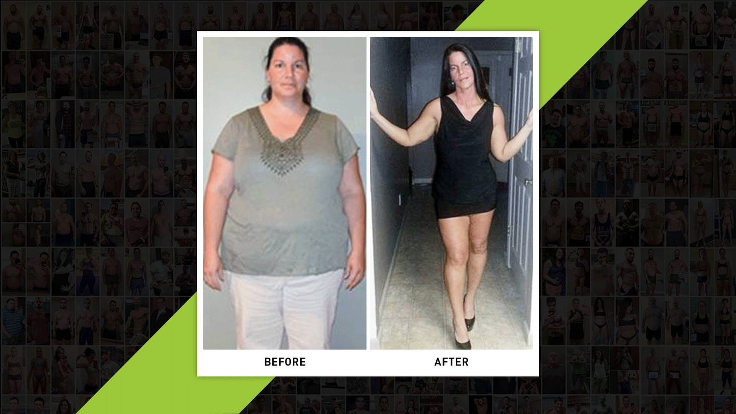 Nancy Smith Transformation before and after: green top with white pants on left, slim in black dress and heels on right.