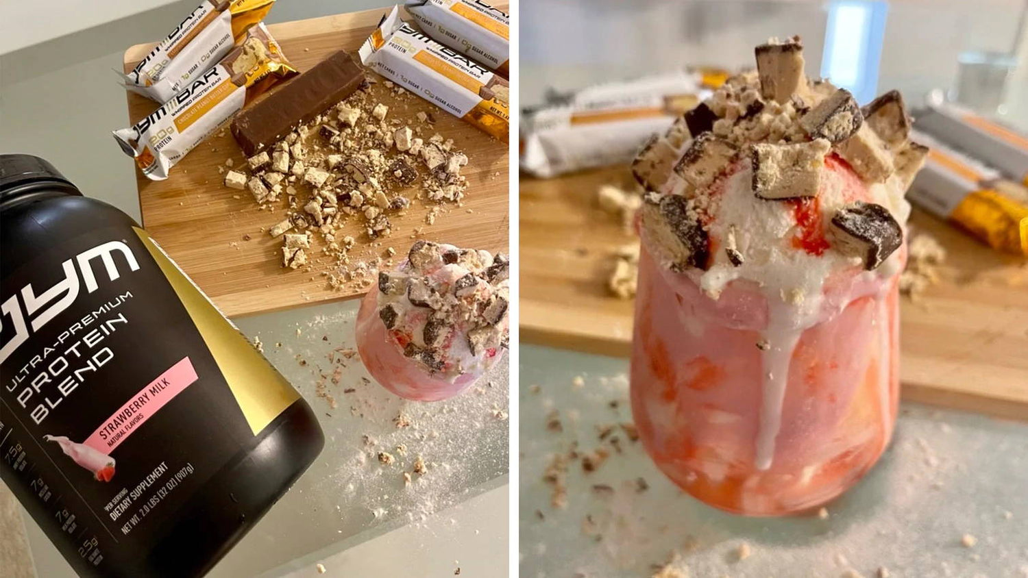 Strawberry Milk JYM Protein tub and JYM Bars on cutting board next to a pink ice cream glass topped with crushed bar pieces.