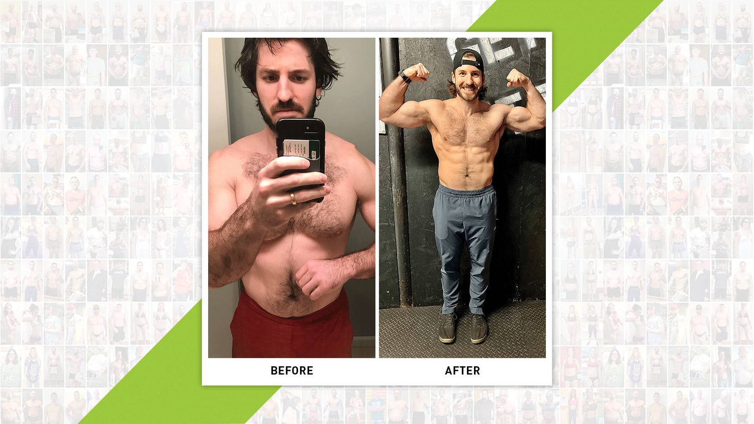 Corey Traylor Transformation: before and after collage on collaged photo background with green diagonal banners and labels.