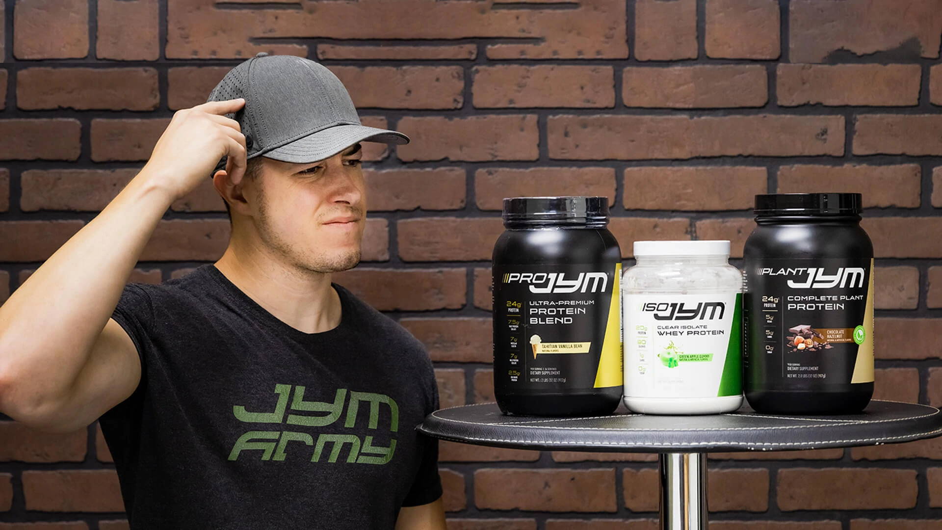 Man in cap scratching head beside Pro JYM, Iso JYM, and Plant JYM containers on bistro table: Which Protein Is Best for You?