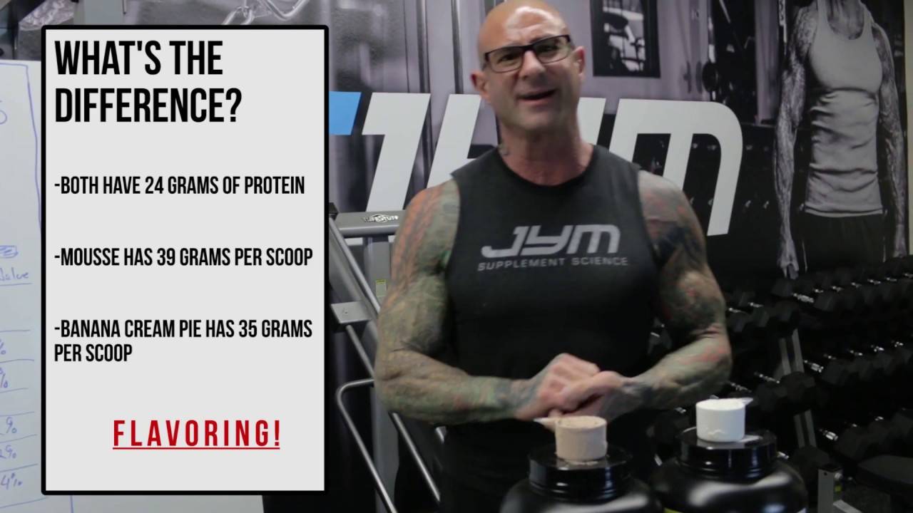 Jim Stoppani in gym with Pro JYM tubs and scoops, infographic highlighting "Flavoring!" as the difference between the two protein flavors.