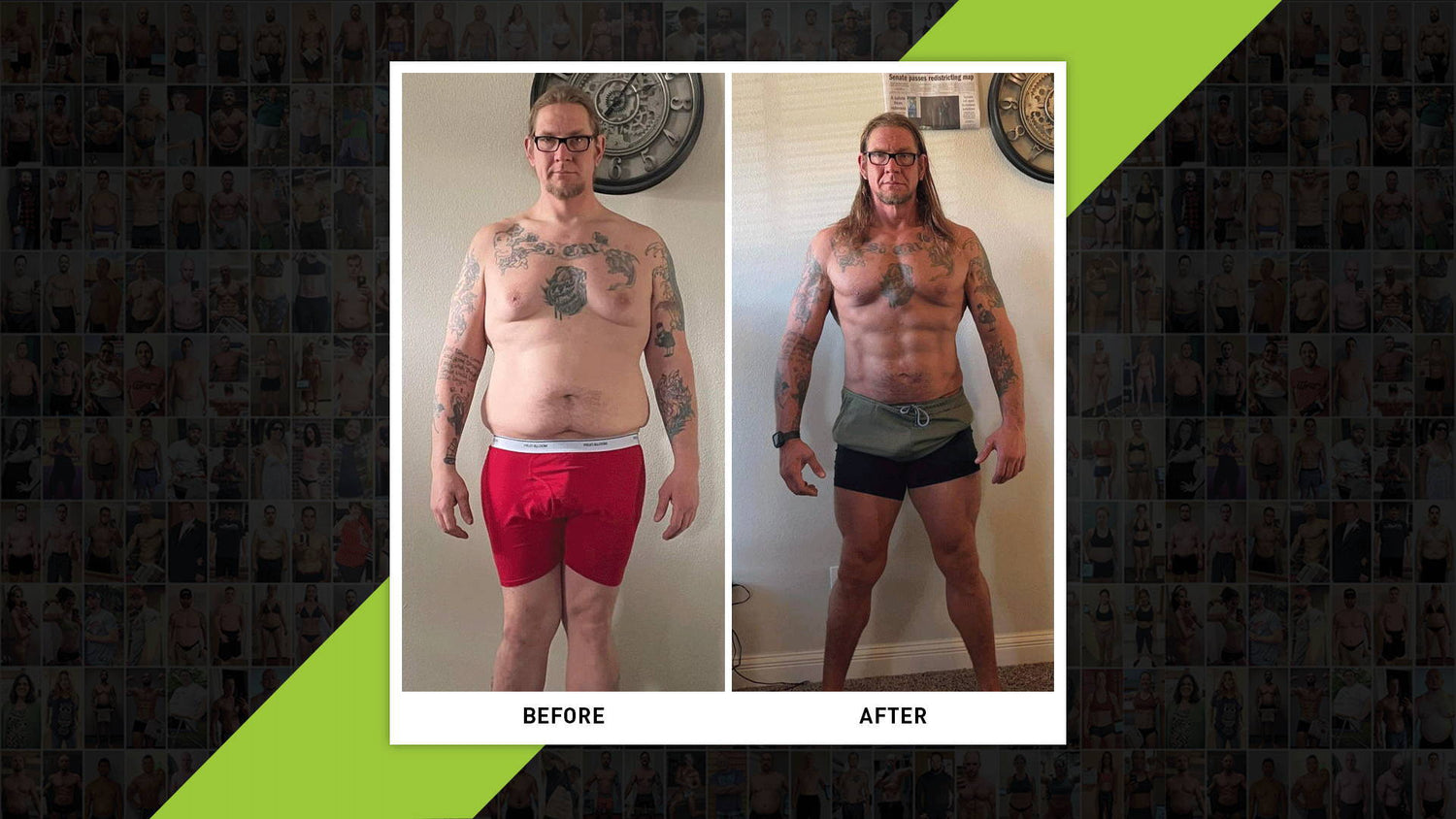Paul Sale Transformation before and after: softer physique in red shorts next to lean muscular frame in green shorts.