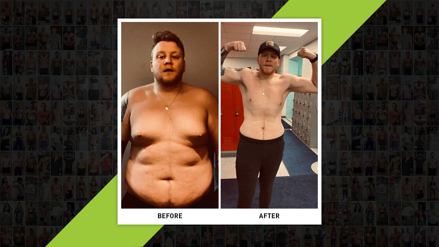 Kyle Barnett Transformation side-by-side: shirtless before photo next to after shot flexing biceps in a gym locker room.